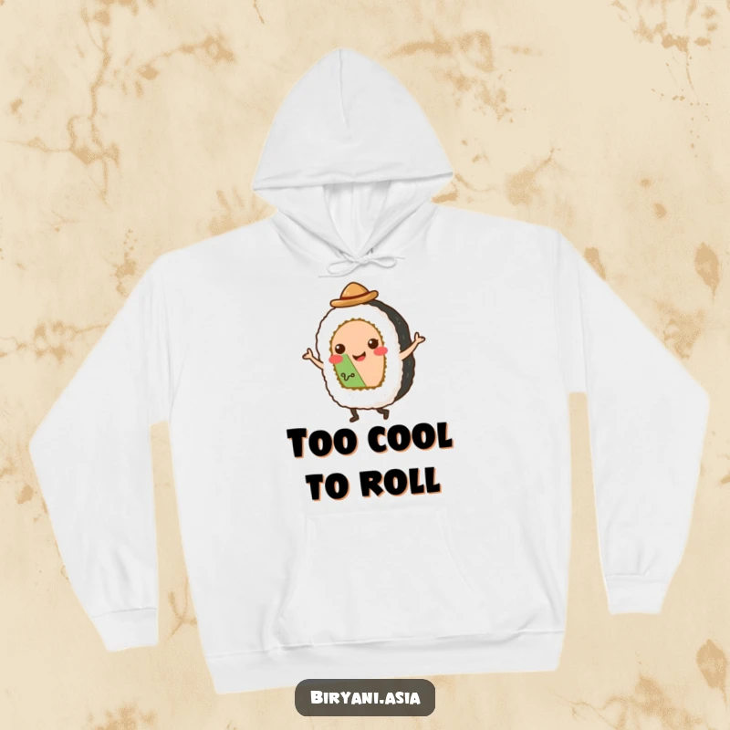 Funny Hoodie: A smiling sushi roll in a miniature hat, joyfully executing a tap dance routine, radiating happiness.