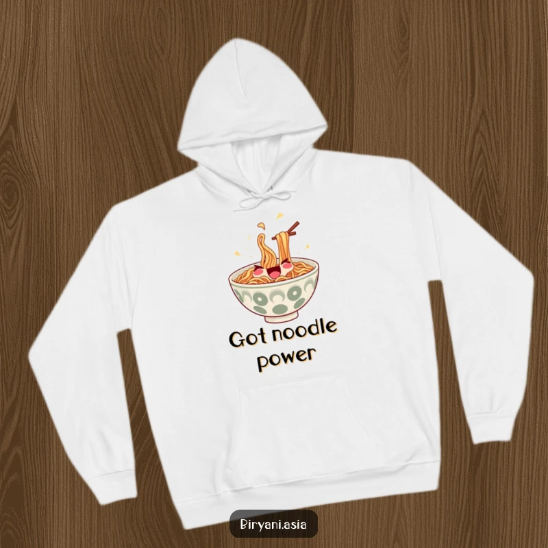 Funny Hoodie: A joyful bowl of ramen noodles with chopsticks, skillfully juggling itself, radiating happiness.