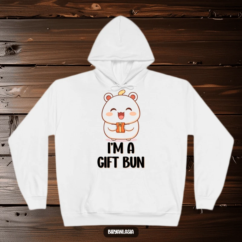 Funny Bao Bun Gift Hoodie featuring a smiling bao bun character holding out a tiny gift, embodying warmth and generosity.