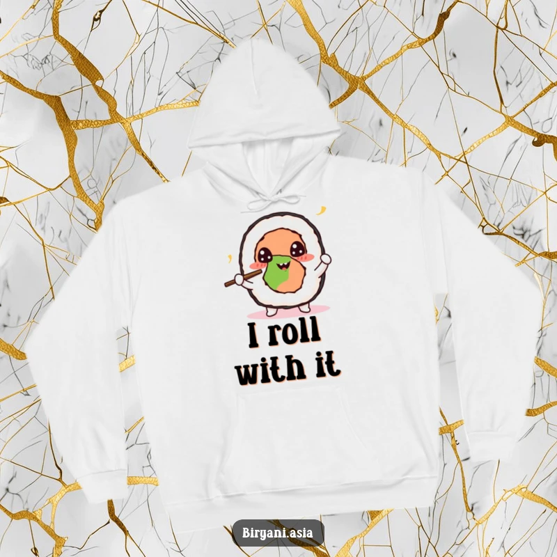 Funny Sushi Roll Juggling Hoodie featuring a cheerful sushi roll character in the act of juggling tiny chopsticks, offering cozy humor.