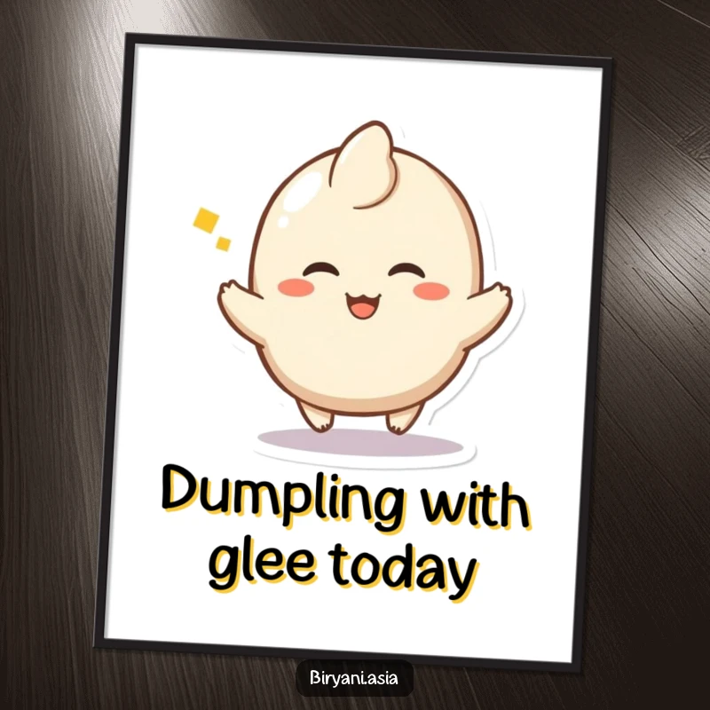 Funny Free Printable Dumpling Wall Art: A happy dumpling character doing a little hop with a sigh of delight.