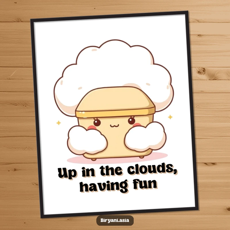 Funny free printable wall art: a giggling bento box peeking from behind a fluffy cloud.
