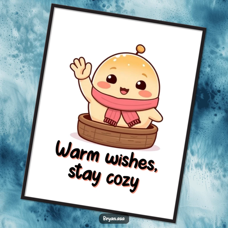 Funny free printable wall art of a happy steamed bun wearing a tiny scarf, waving excitedly hello.