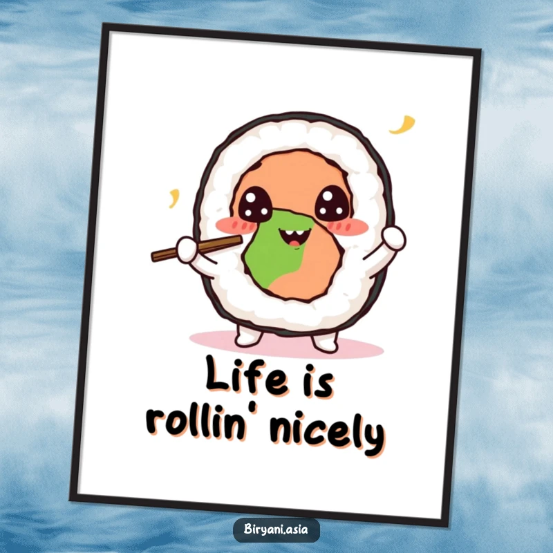 Funny Free Printable Sushi Wall Art: Cheerful sushi roll character juggling tiny chopsticks with happy eyes in a playful pose.