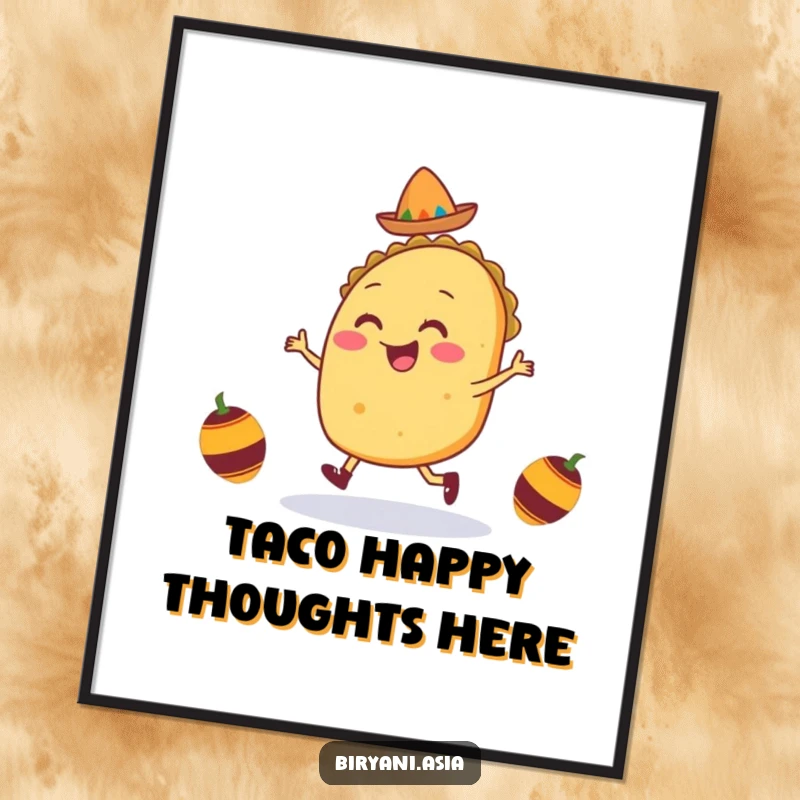 Funny Free Printable Taco Wall Art: A smiling taco character doing a joyful jig with tiny maracas in a festive dance.