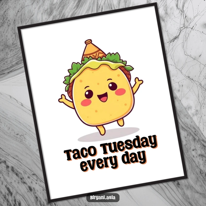 Funny Free Printable Wall Art: A cheerful taco in a sombrero bounces with excitement, adding a playful fiesta vibe to your space.