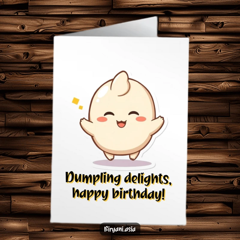 Funny Free Printable Dumpling Birthday Card: Happy dumpling character doing a little hop with a sigh of delight.