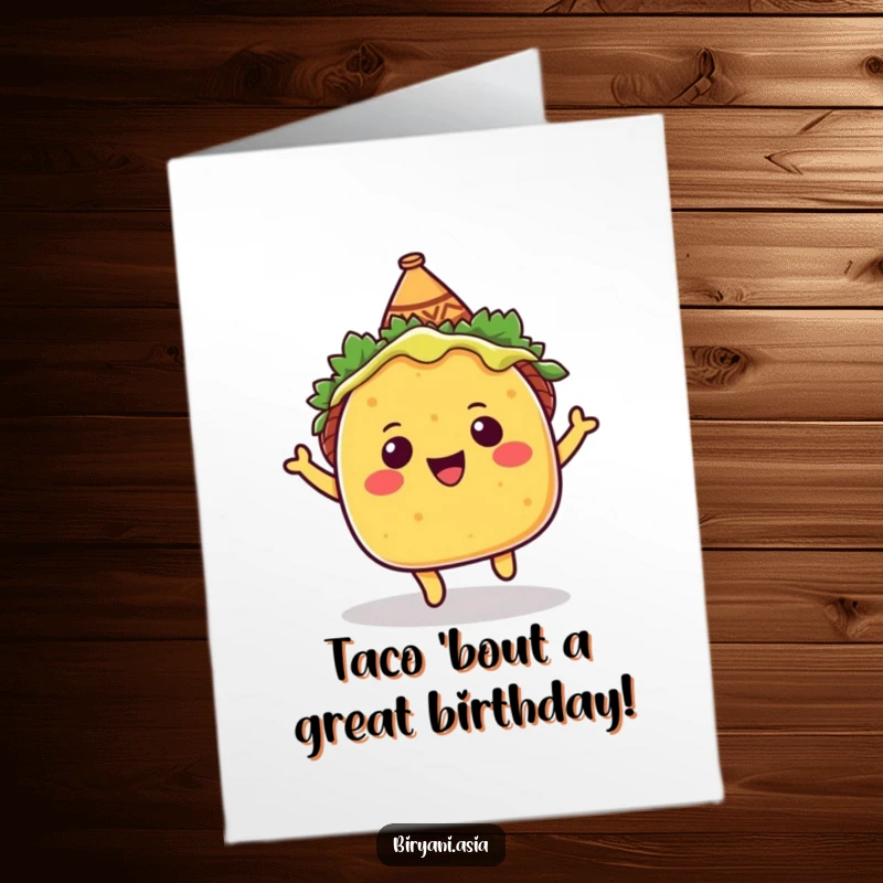 Funny Free Printable Birthday Card: A cheerful taco wearing a sombrero bounces with pure, unadulterated birthday happiness.