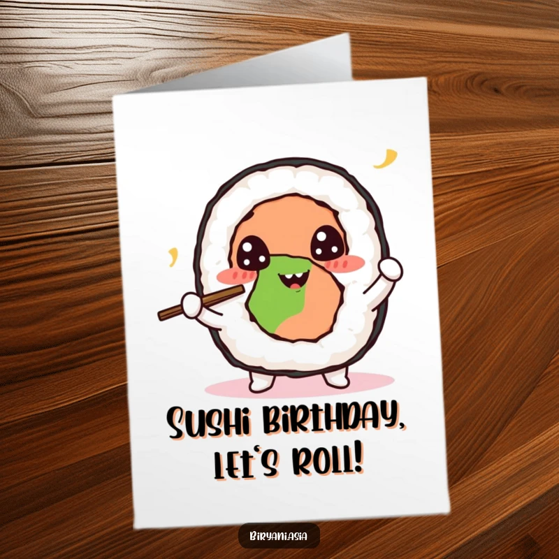 Funny Free Printable Sushi Birthday Card: Cheerful sushi roll character juggling tiny chopsticks with happy eyes and a big smile.