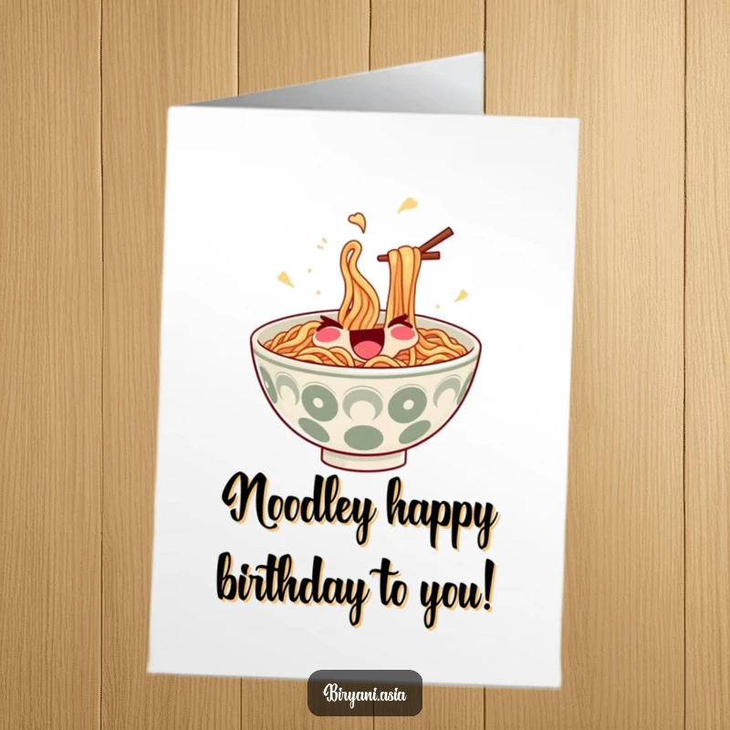 Funny Free Printable Birthday Card: A bowl of ramen noodles joyfully juggles itself with tiny chopsticks, celebrating your birthday.