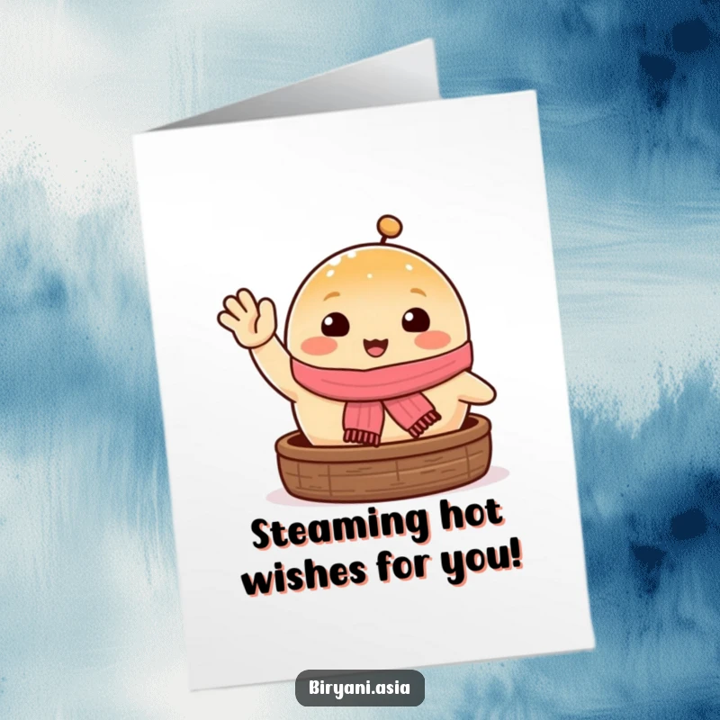 Funny free printable birthday card featuring a happy steamed bun in a tiny scarf, waving enthusiastically.