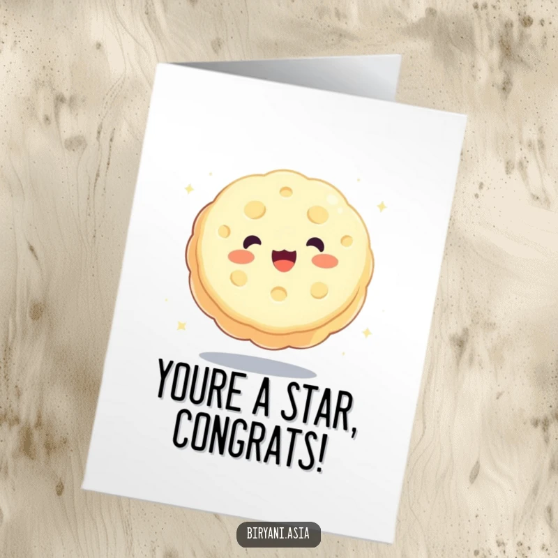 Funny free printable congratulations card: a happy mooncake bouncing with joy.