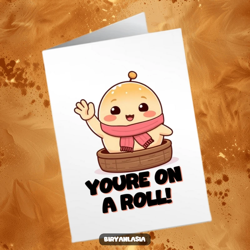 Funny free printable congratulations card: a happy steamed bun wearing a scarf waves in celebration.