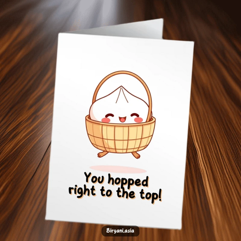 Funny Free Printable Congratulations Card: A dim sum basket with tiny legs hops with delight, celebrating your amazing achievement.