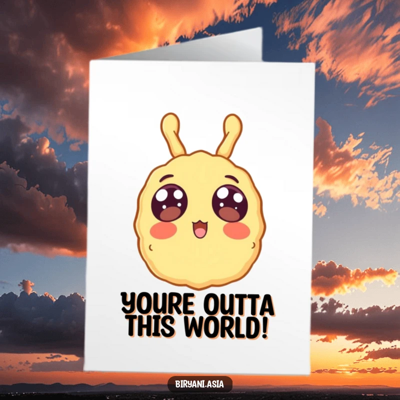 Funny free printable congratulations card showing a surprised tempura piece floating upwards in excitement.