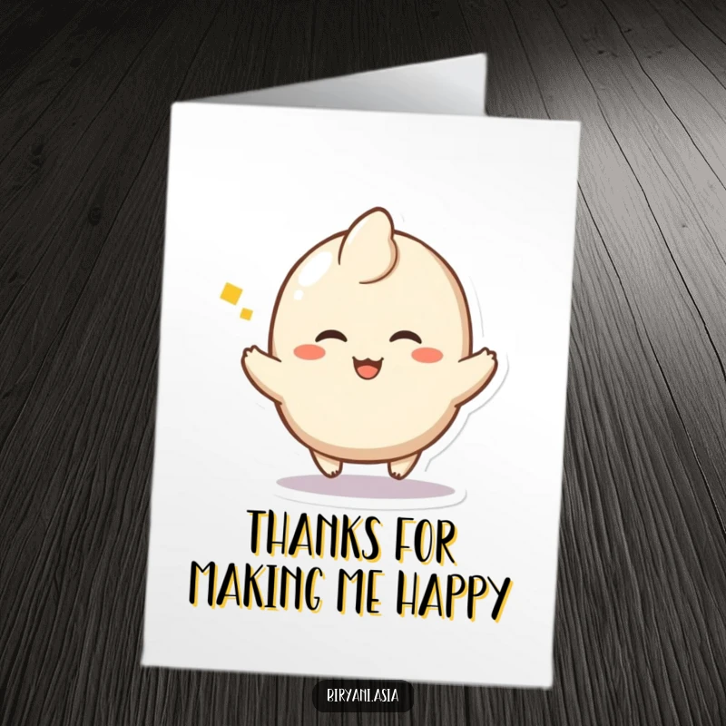 Funny Free Printable Dumpling Thank You Card: Happy dumpling character doing a little hop with a sigh of delight saying thank you.