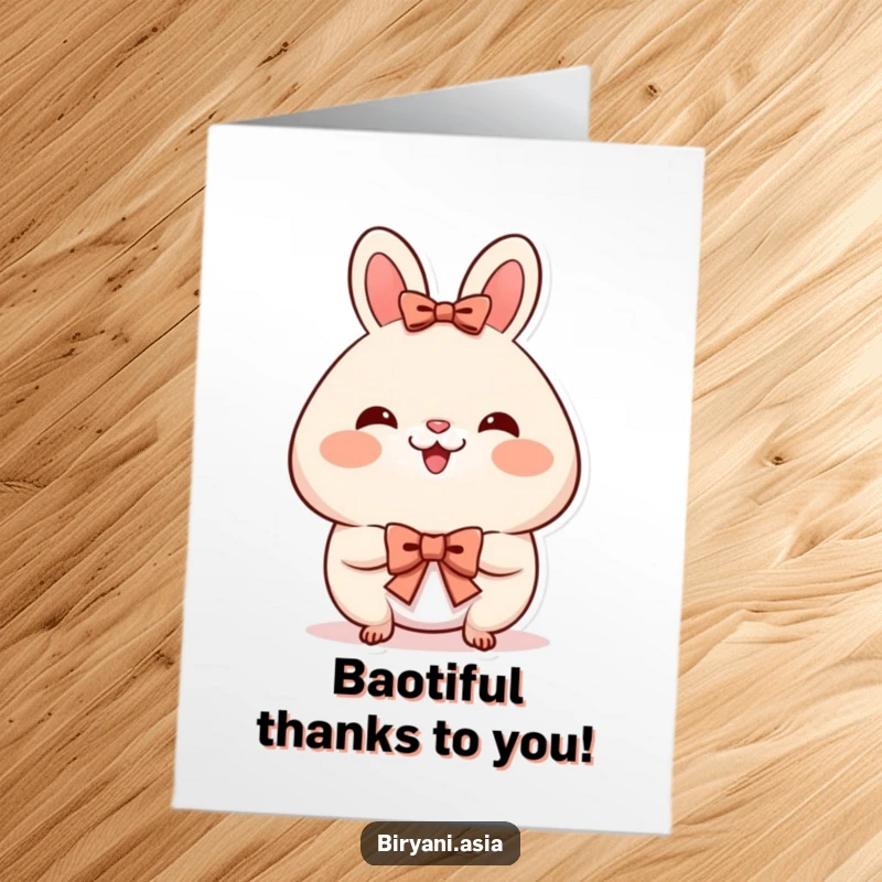 Funny Free Printable Thank You Card: A smiling bao bun with rosy cheeks takes a tiny bow, perfect for expressing thanks.