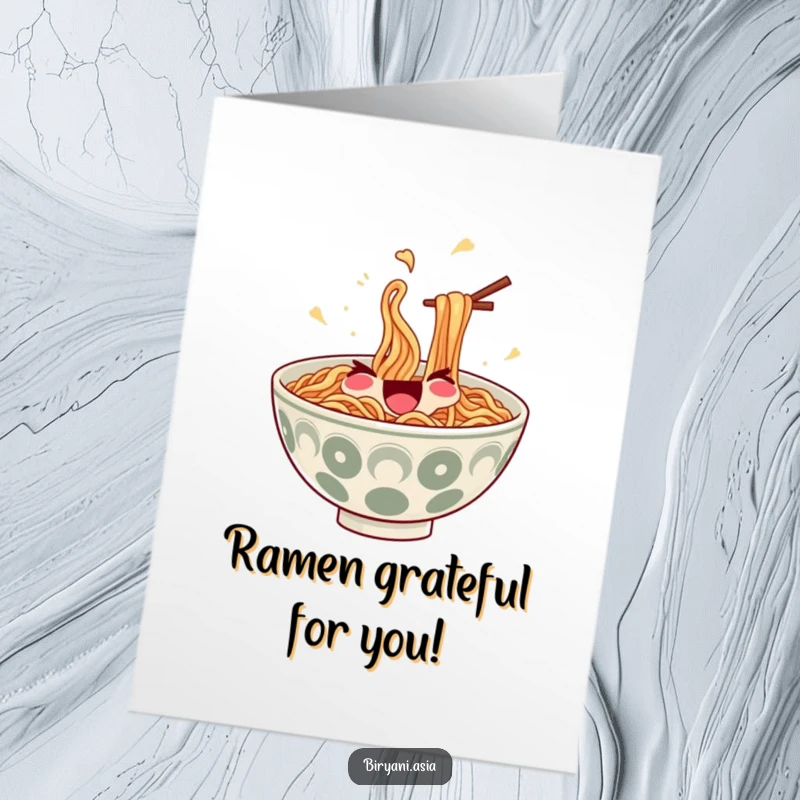 Funny Free Printable Thank You Card: A joyful bowl of ramen noodles juggles itself with chopsticks, perfect for thanking someone.