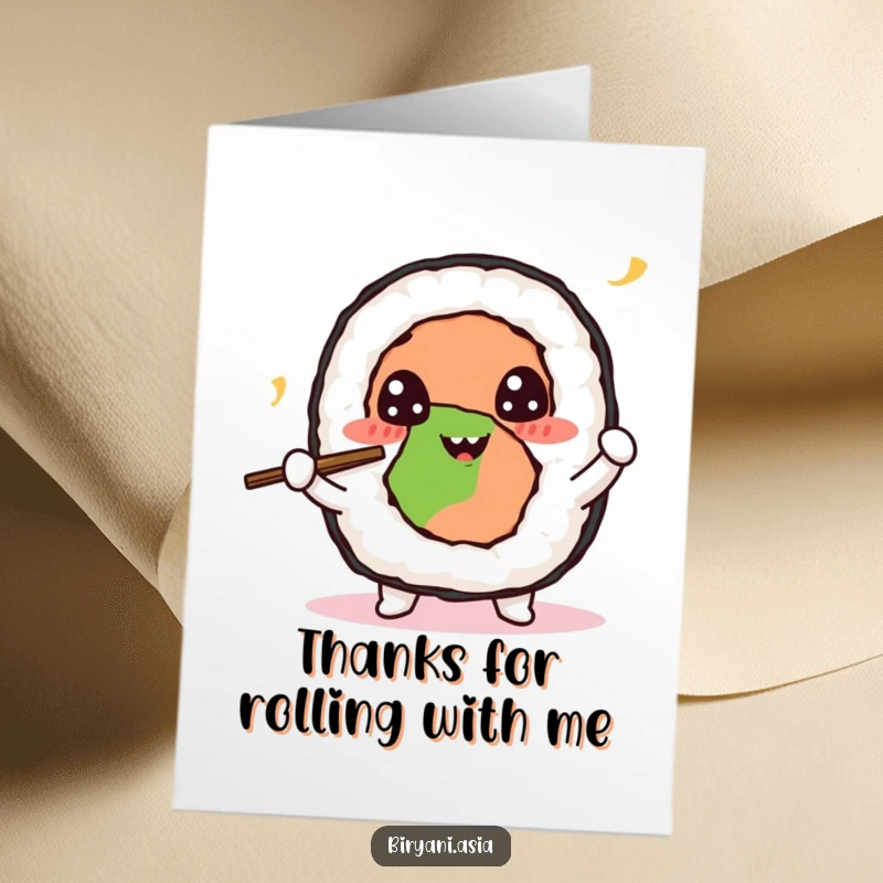Funny Free Printable Sushi Thank You Card: Cheerful sushi roll character juggling tiny chopsticks with happy eyes expressing thanks.