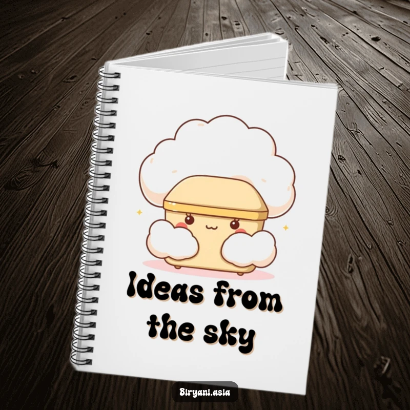 Funny giggling bento box peeking from a cloud, a humorous notebook for creative minds.