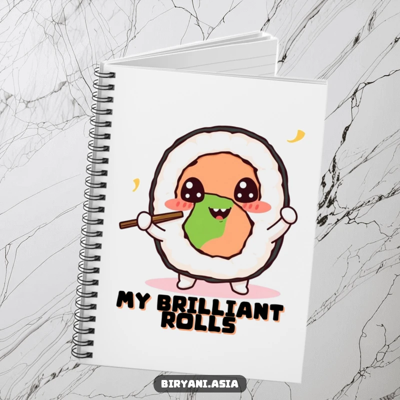 Funny Sushi Roll Juggling Notebook showing a cheerful sushi roll character juggling tiny chopsticks, ideal for capturing brilliant ideas.