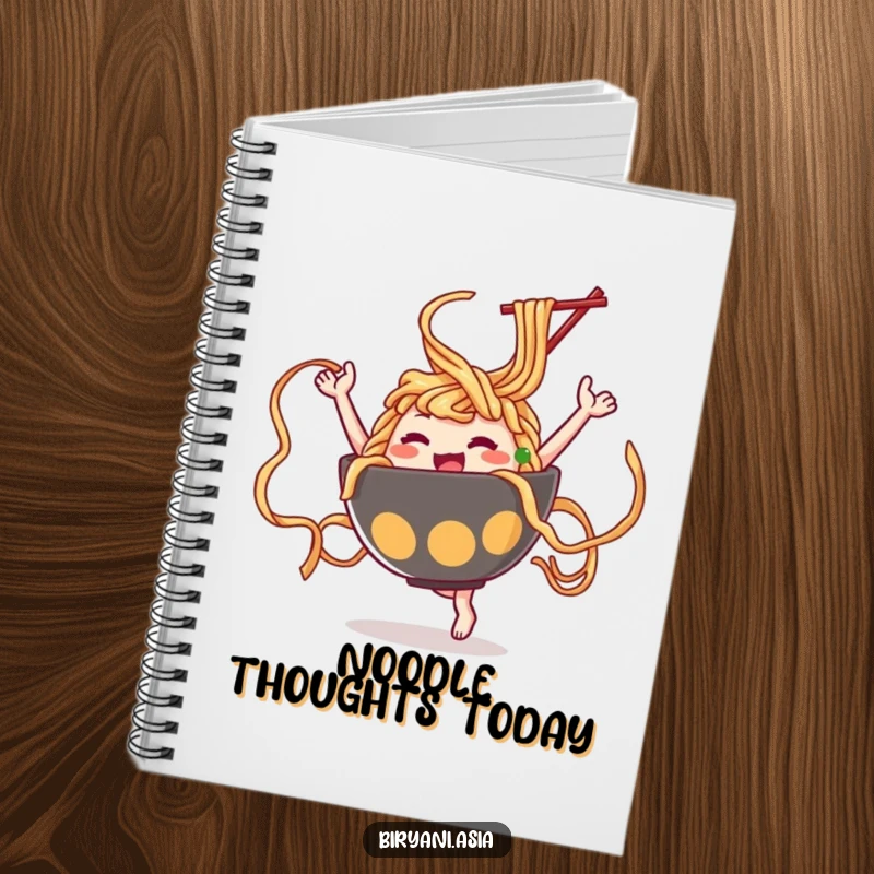 Funny Ramen Dance Notebook showing a ramen bowl character dancing and twirling noodles like ribbons, ideal for jotting down creative ideas.