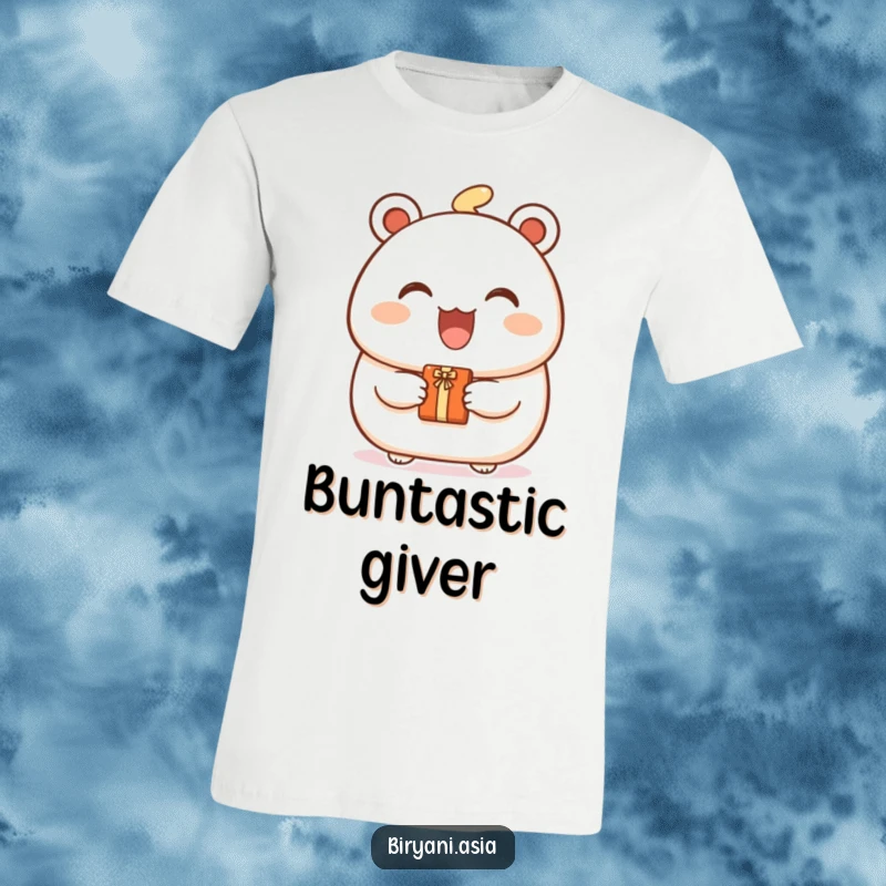 Funny Bao Bun Gift T-Shirt depicting a happy bao bun character with a wide smile, presenting a small, cute gift.