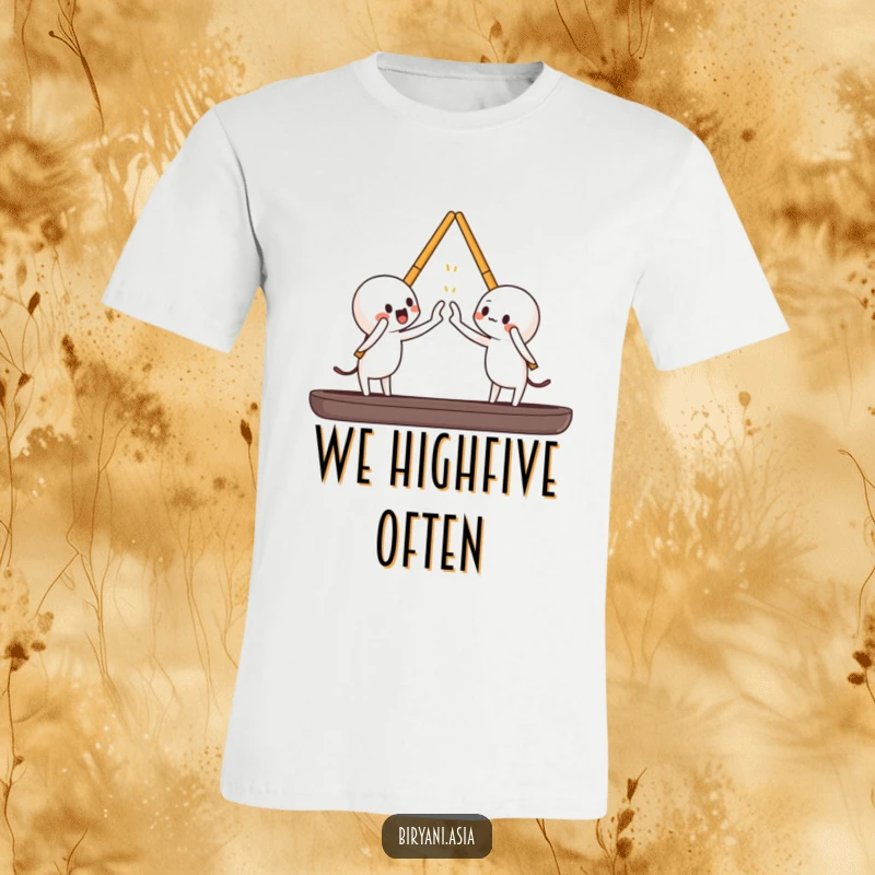 Funny playful chopsticks high-fiving each other on a t-shirt, representing friendship and fun.