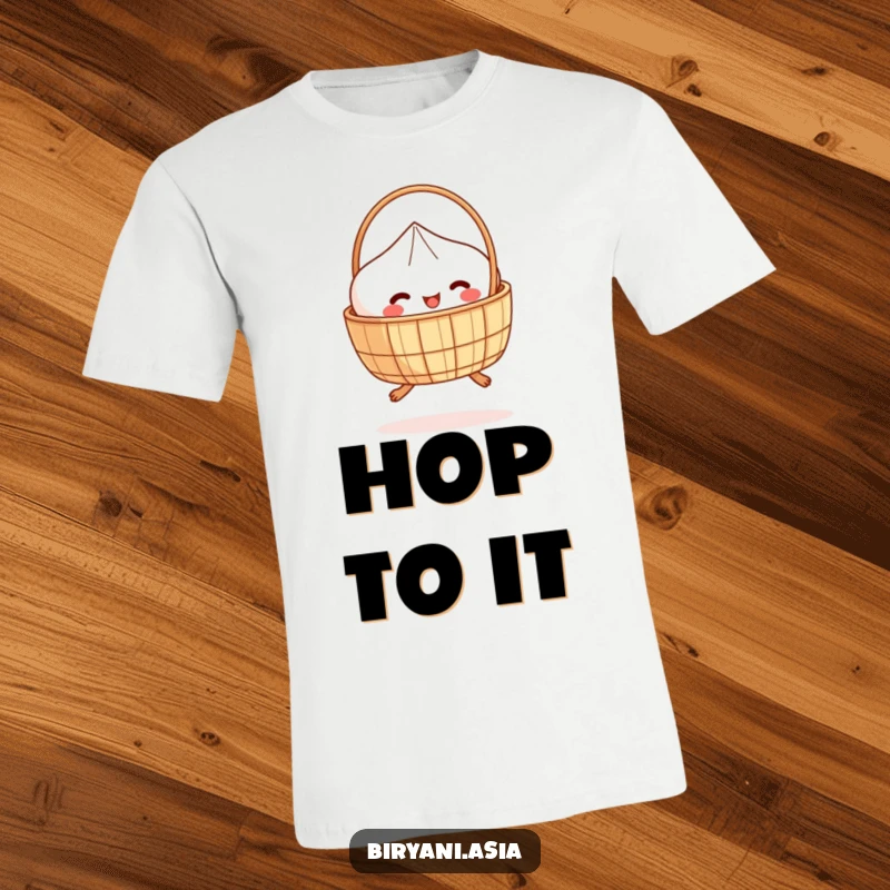 Funny T-Shirt: A dim sum basket with small legs, joyfully hopping, showcasing its delightful mobility.