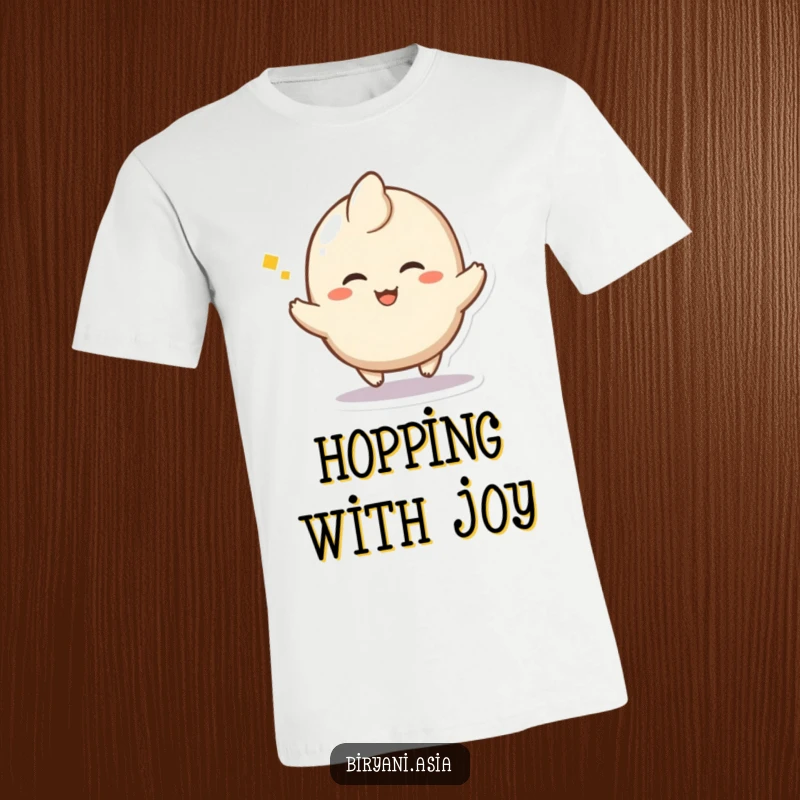 Funny Dumpling Hop T-Shirt depicting a happy dumpling character performing a small, joyful hop with a contented sigh.
