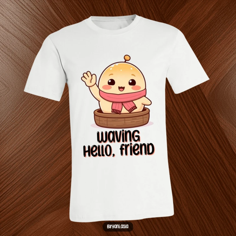 Funny happy steamed bun with scarf waving excitedly, adorned on a comfortable t-shirt.