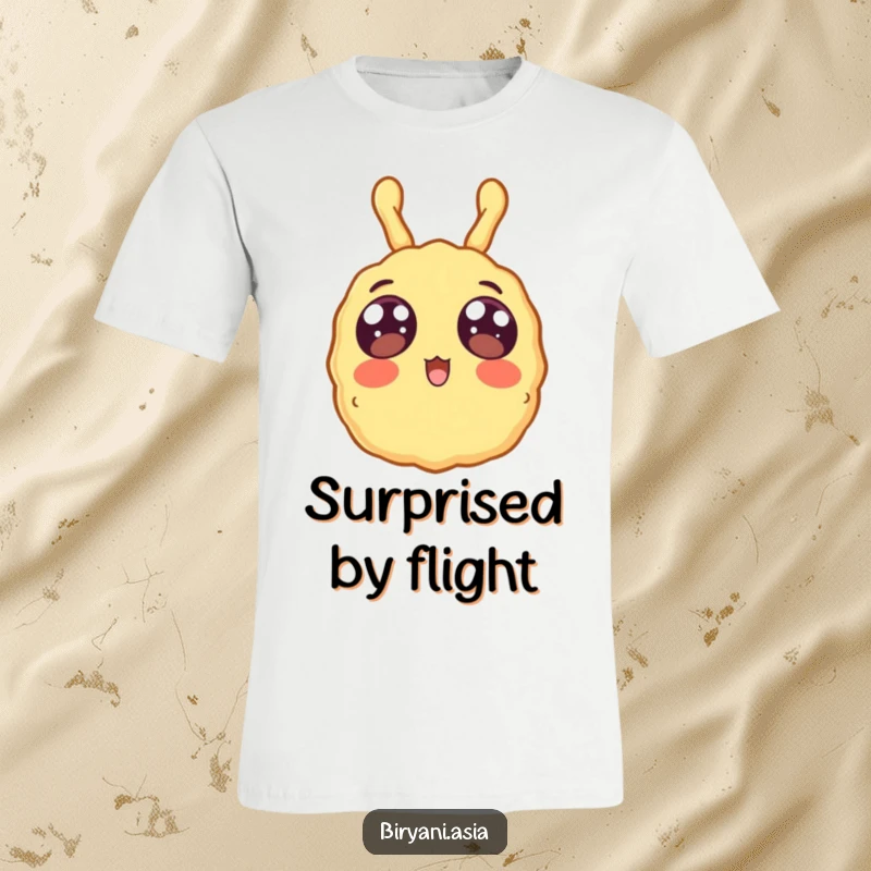 Funny tempura with wide eyes surprised, floating upwards on a t-shirt, a humorous food graphic.