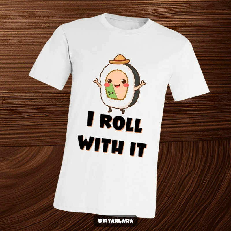 Funny T-Shirt: A cheerful sushi roll wearing a small hat, performing an energetic tap dance with a huge smile.