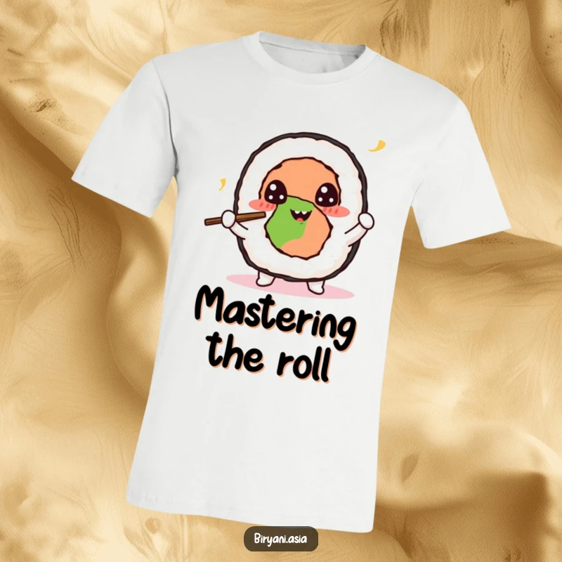 Funny Sushi Roll Juggling T-Shirt depicting a happy sushi roll character skillfully juggling small chopsticks with a cheerful expression.