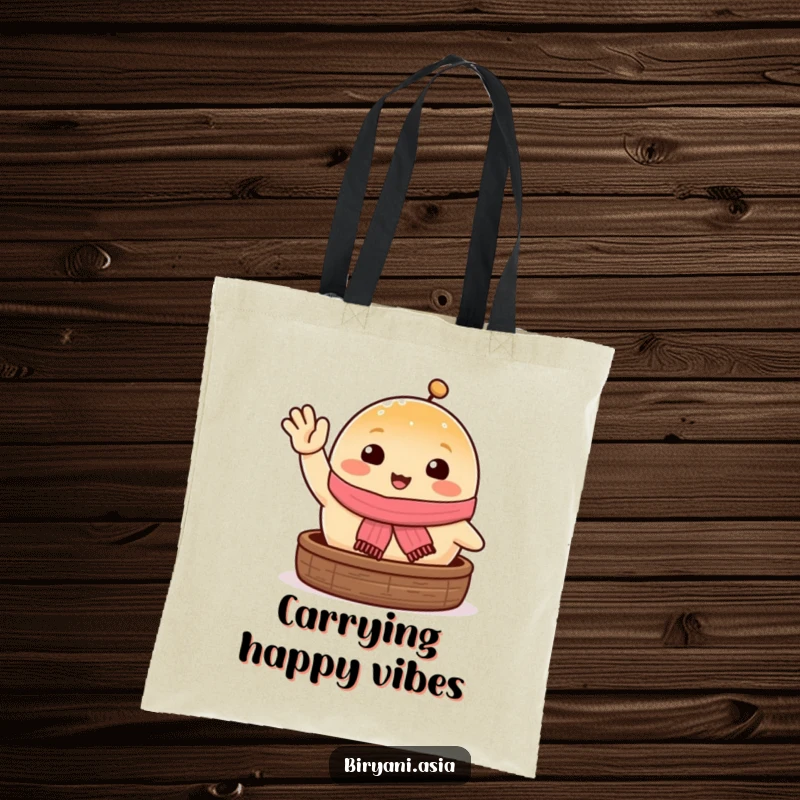 Funny happy steamed bun with scarf waving, a charming and humorous tote bag.