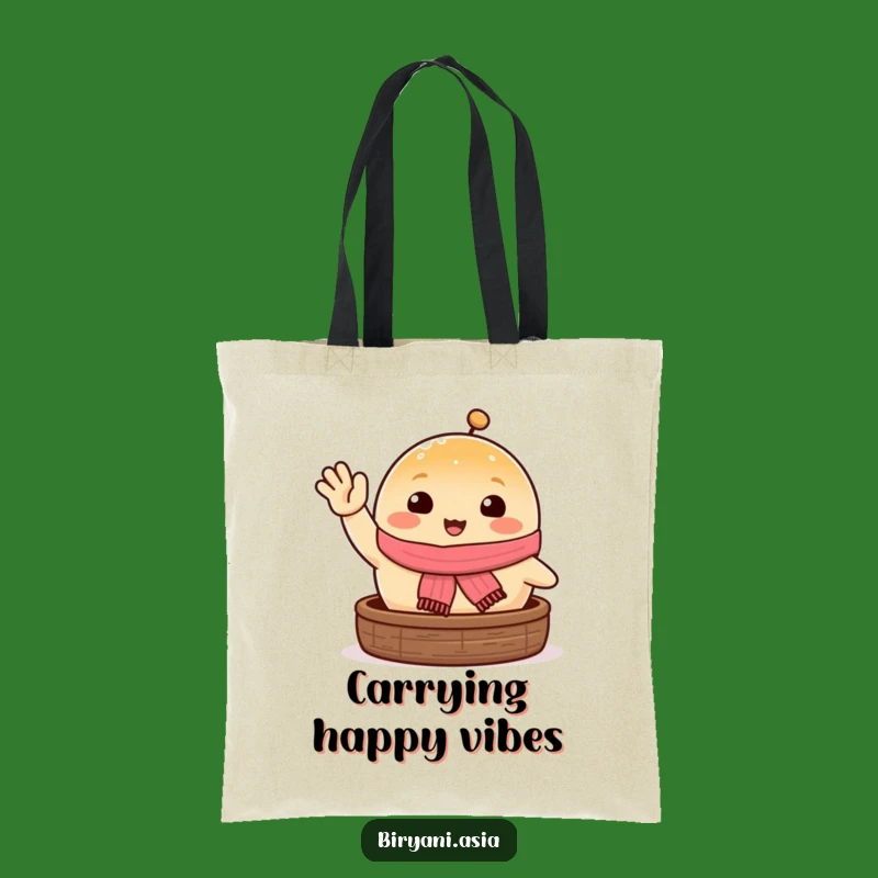 Funny Happy Steamed Bun Tote Bag: Carry Your World with Waving Foodie Friend