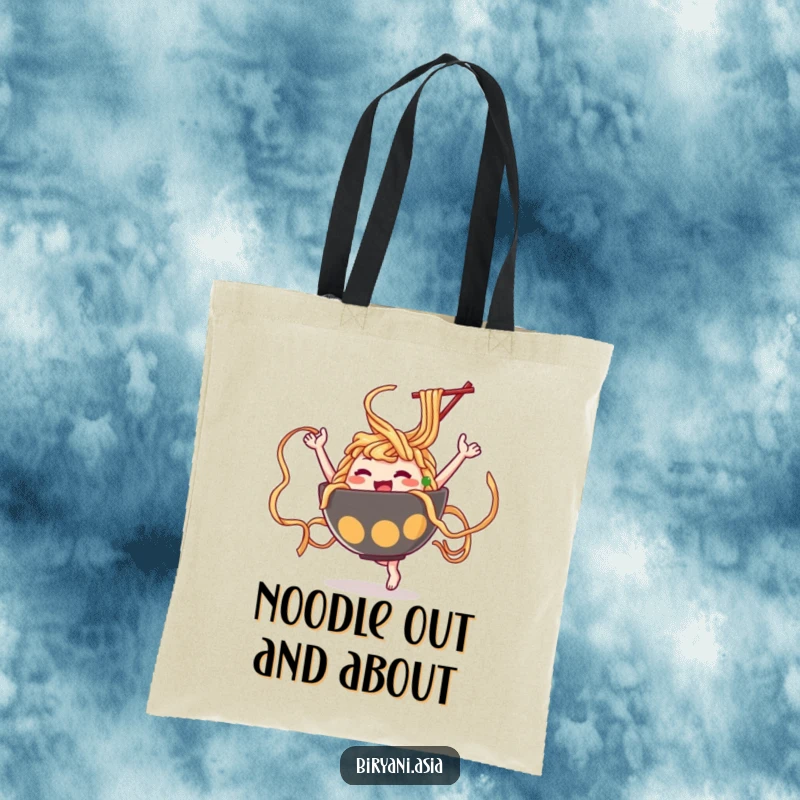Funny Ramen Dance Tote Bag featuring a ramen bowl character gracefully twirling noodles like ribbons, ideal for carrying essentials with flair.