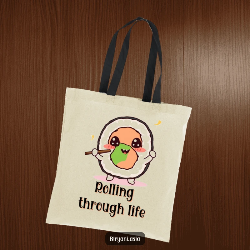 Funny Sushi Roll Juggling Tote Bag showcasing a cheerful sushi roll character juggling tiny chopsticks with a beaming smile and happy eyes.